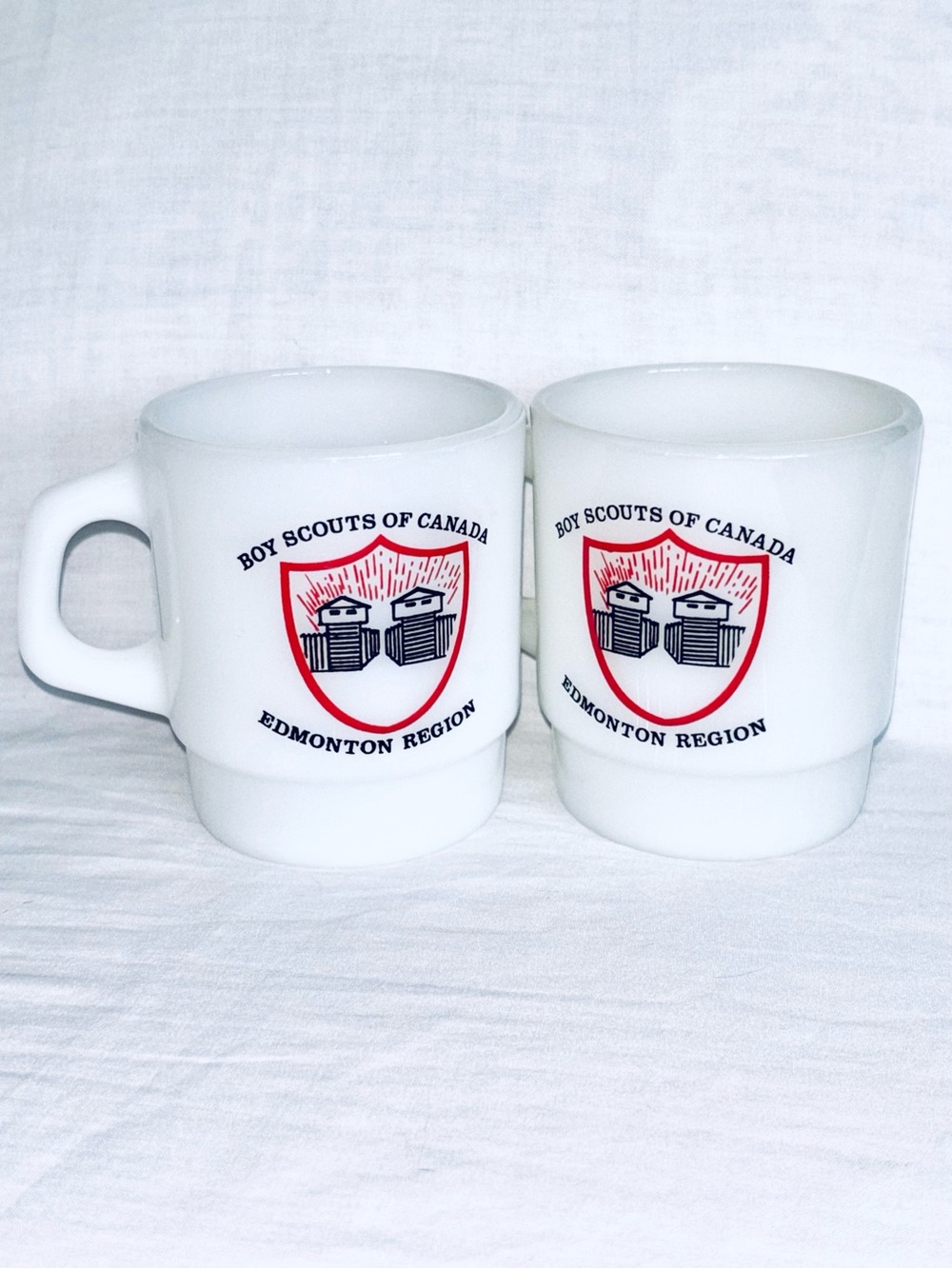 Vintage Fire King Boy Scouts of Canada Fort Edmonton Alberta Stacking Mugs Pair